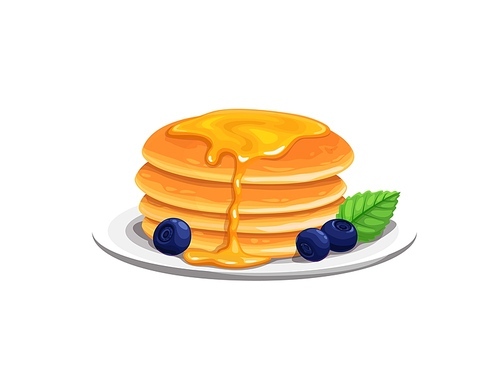 Cartoon pancakes with honey, crepes dessert or sweet food, vector yummy breakfast. Pancakes on plate with blueberry berries and honey topping drips for cafe or patisserie menu