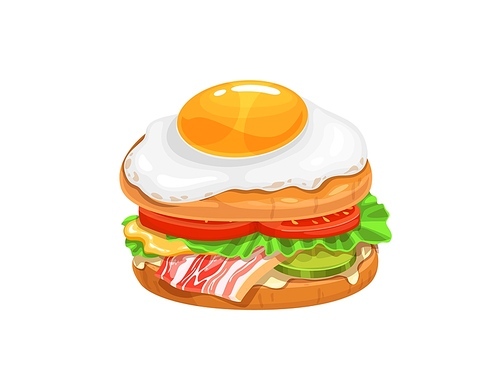 Cartoon egg sandwich with bacon, lettuce, tomato and cucumber, vector breakfast bread meal. Fast food snack or breakfast and lunch menu, sandwich with egg and bacon on bun, delivery or takeaway food