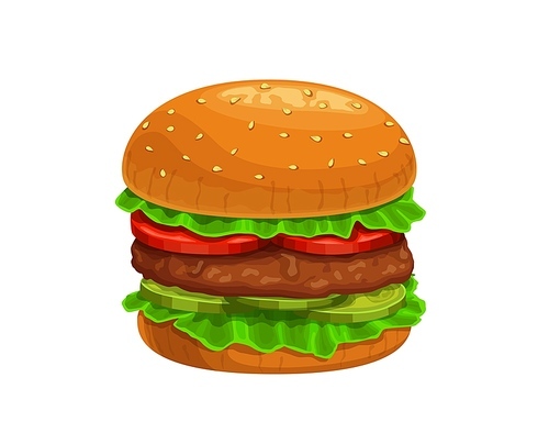 Cartoon hamburger or burger, fast food sandwich with meat patty and buns, vector food icon. Hamburger or burger with lettuce, cucumber and tomato, American bee snack and barbecue restaurant menu icon