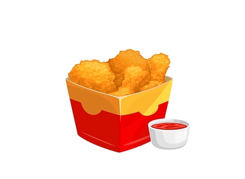 Cartoon fried chicken legs. Isolated vector carton box full of crispy nuggets and bowl with sauce or ketchup. Fast food, crunchy pieces, street junk takeout meat meal for cafe or restaurant menu