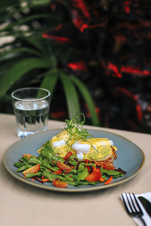 Vegetarian egg Benedict and fresh salad on the plate