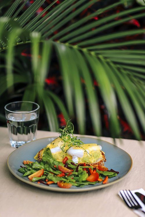 Vegetarian egg Benedict and fresh salad on the plate