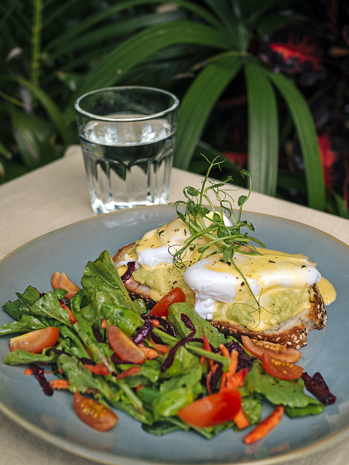 Vegetarian egg Benedict and fresh salad on the plate
