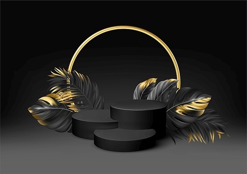 3d realistic black pedestal on a black background with golden elements palm leaves. Empty space design luxury mockup scene for product. Vector illustration EPS10