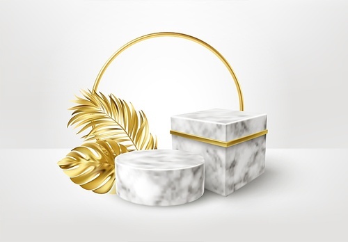 3d realistic white and black marble pedestal on white background with golden palm leaves. Empty space design luxury mockup scene for product. Vector illustration EPS10