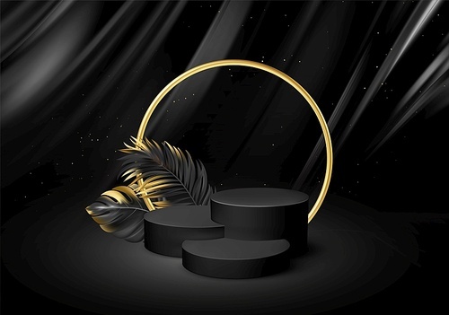 3d realistic black pedestal on a black silk background with golden elements palm leaves. Empty space design luxury mockup scene for product. Vector illustration EPS10