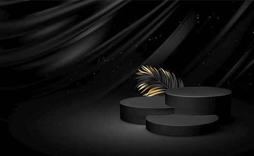 3d realistic black pedestal on a black silk background with golden elements palm leaves. Empty space design luxury mockup scene for product. Vector illustration EPS10