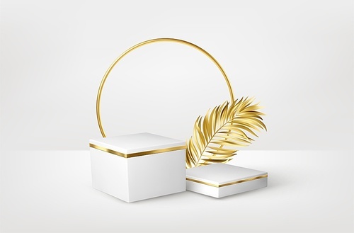 3d realistic white marble pedestal on white background with golden palm leaves. Empty space design luxury mockup scene for product. Vector illustration EPS10