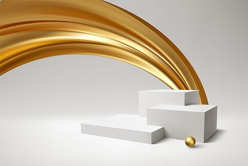 Background 3d white podium product and realistic golden swirl on the white background. Modern white cube podium, great design for any purposes. Vector illustration EPS10