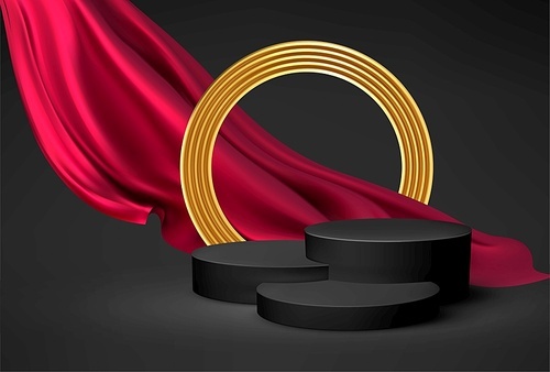 Background 3d black podium product and realistic red silk flying drape fabric, golden cirkle frame on the black background. Modern black podium, great design for any purposes. Vector illustration EPS10