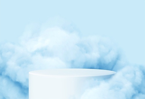 Blue background with a product podium surrounded by blue clouds. Smoke, fog, steam background. Vector illustration EPS10