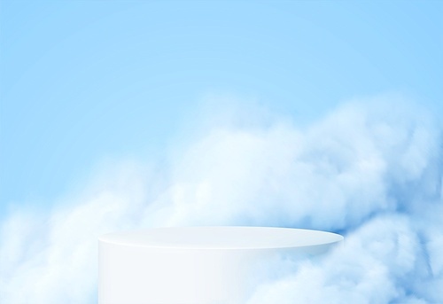 Blue background with a product podium surrounded by blue clouds. Smoke, fog, steam background. Vector illustration EPS10