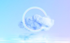 Neon Circle shape in a cloud of fog reflecting in the water. Modern trending 3d conceptual design background. Violet blue pink colors. Vector illustration EPS10