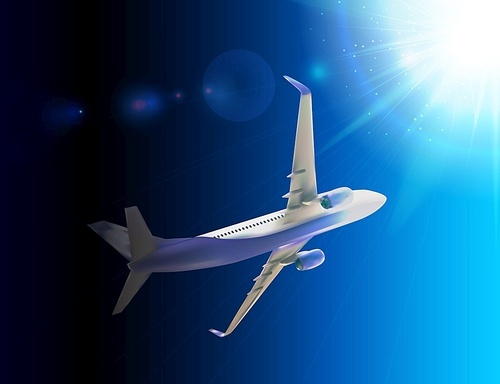 Naturalistic 3D passenger plane flying in the sky. Vector illustration. EPS10