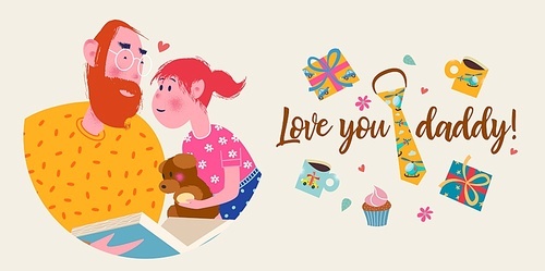 I love you, daddy. Vector greeting card, banner for father's day. Dad reads a book to his daughter.