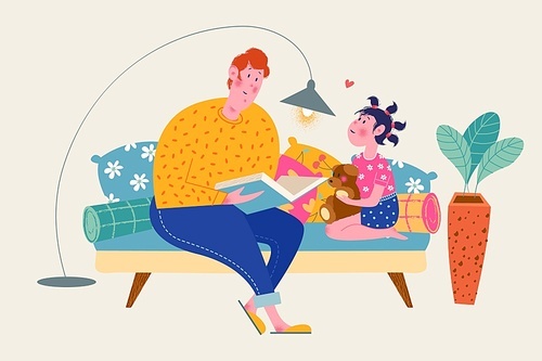 Happy father's day. Vector greeting card. Dad and daughter are sitting on the couch. Dad reads a book to his daughter. The girl is holding a toy bear.