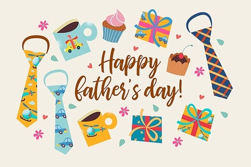 Happy father's day. Vector greeting card, banner, poster. A set of colorful items. Colorful ties, gift boxes, cakes, and mugs with pictures.