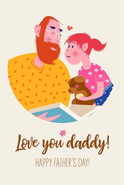 Happy father's day. Vector greeting card. Dad reads a book to his daughter. The girl is holding a toy bear.