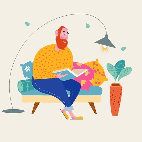 A man reads a book sitting on the sofa. Vector illustration.