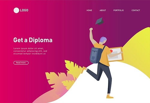 Set of web page design templates with smiling graduates people in graduation gowns holding diplomas and happy Jumping. Modern vector illustration concepts for website and mobile website development