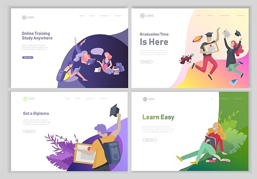 Set of web page design templates with relaxed learning people outdoor and graduate for online education, training and courses. Modern vector illustration concepts for website