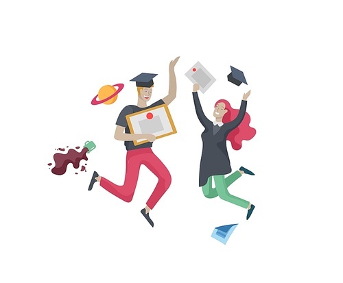 Group smiling graduates people in graduation gowns holding diplomas and happy Jumping. Vector illustration concept graduation ceremony cartoon style