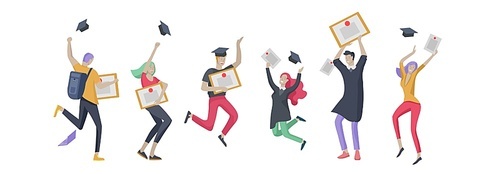 Group smiling graduates people in graduation gowns holding diplomas and happy Jumping. Vector illustration concept graduation ceremony cartoon style