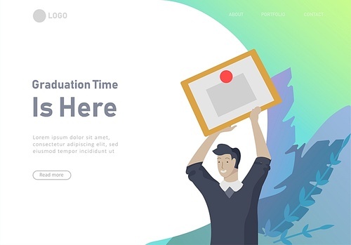 Set of web page design templates with smiling graduates people in graduation gowns holding diplomas and happy Jumping. Modern vector illustration concepts for website and mobile website development