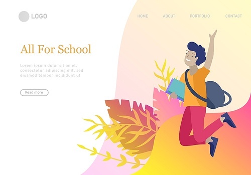 Landing page template with Happy school children joyfully jumping and laughing. Concept of happiness, gladness and fun. Vector illustration for banner, poster, website, invitation.