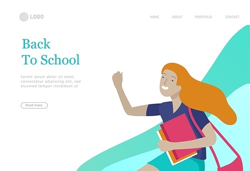 Landing page template with Happy school children joyfully jumping and laughing. Concept of happiness, gladness and fun. Vector illustration for banner, poster, website, invitation.