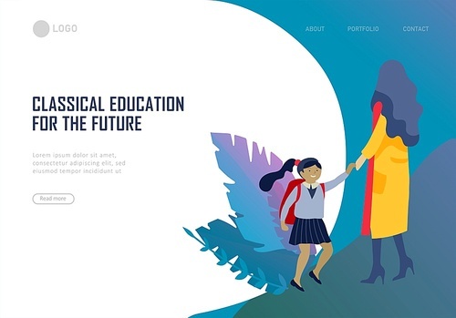 Landing page template with Back to school flat vector illustration. Preteen and teenage schoolkids. Parents with kids, schoolmates, friends cartoon characters. Schoolboys and schoolgirls