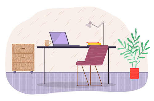 Furniture and equipment for the workplace of an employee or office worker. Modern chair and office desk with a laptop, lamp and potted plant, nightstand with drawers. Office workplace flat design