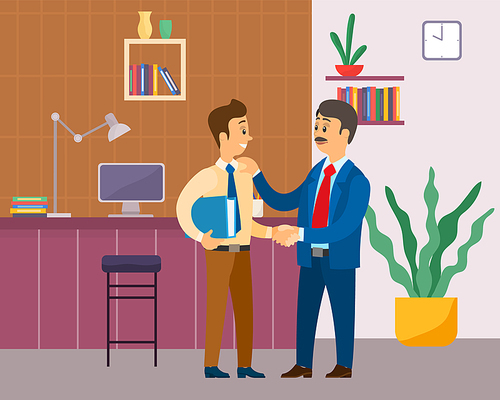 Two businessman handshake. Good deal, concept of business partnership vector cartoon style characters conclude success agreement. Man chief praises a young smiling subordinate holding his shoulder