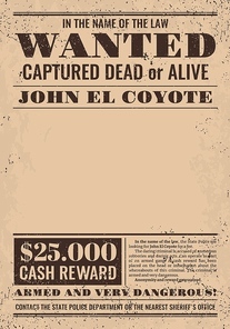 Vintage reward poster. Western wanted dead or alive banner for Wild West saloon or sheriff office. Vector bounty hunter certificate, criminal cowboy, outlaw or gangster wanted poster with reward offer