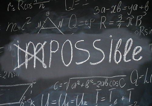 Impossible word turned into possilble by crossing on black board with math formulas