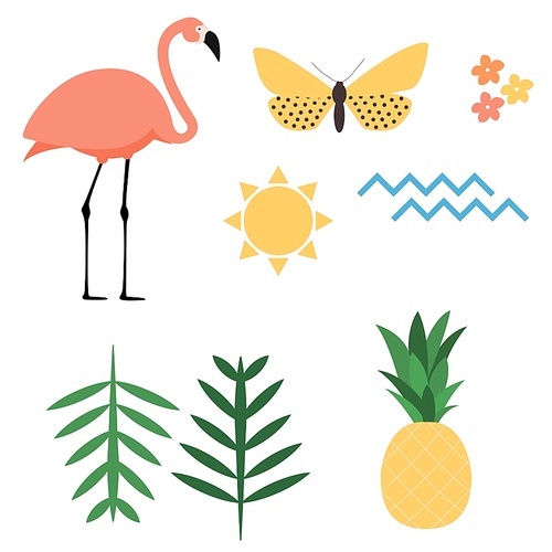 Flamingo, sun, butterfly, flower, palm leaf, ananas amd sea wave icons set on white background. Vector Illustration EPS10