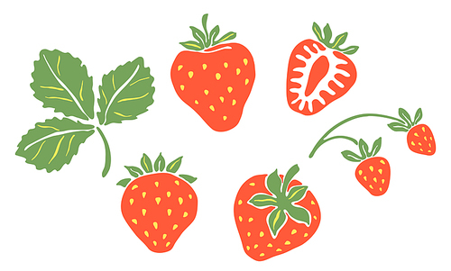 Set of red strawberries. Decorative stylized berries and leaves.