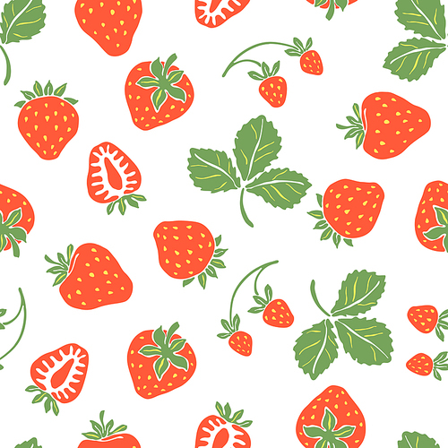 Seamless pattern with red strawberries. Decorative stylized berries and leaves.