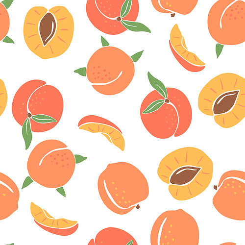 Seamless pattern with colored peaches. Decorative stylized fruits and leaves.