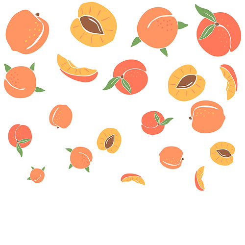 Background with colored peaches. Decorative stylized fruits and leaves.