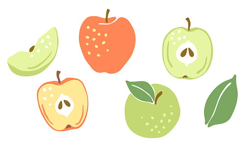 Set of ripe apples. Decorative stylized fruits and leaves.