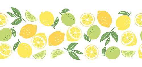 Seamless pattern with ripe lemons and limes. Decorative stylized fruits and leaves.