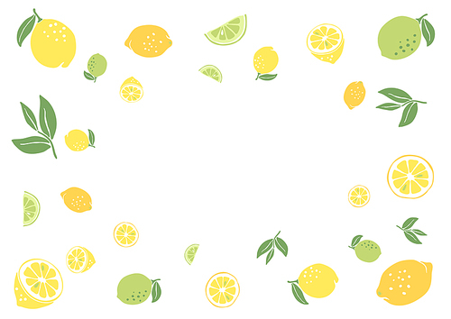 Frame with ripe lemons and limes. Decorative stylized fruits and leaves.