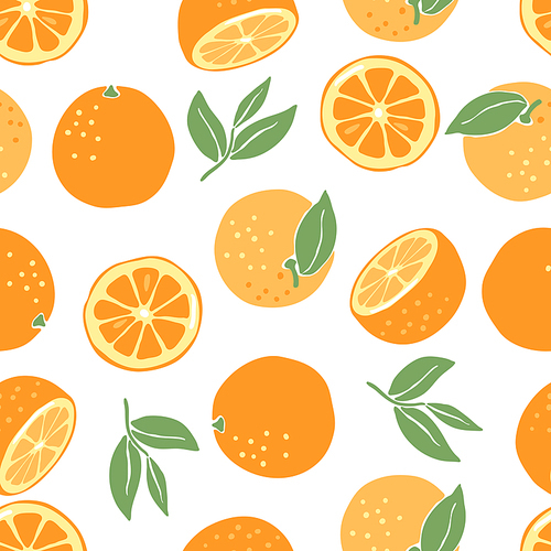 Seamless pattern with ripe oranges. Decorative stylized fruits and leaves.