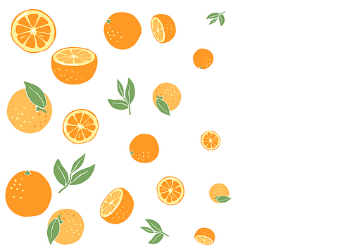 Background with ripe oranges. Decorative stylized fruits and leaves.