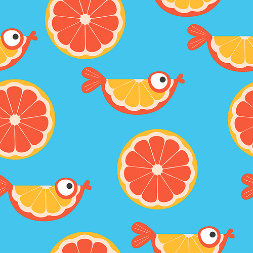 Beautiful colorful vector seamless pattern with orange and grapefruit slices and cute orange fish in bright colors.