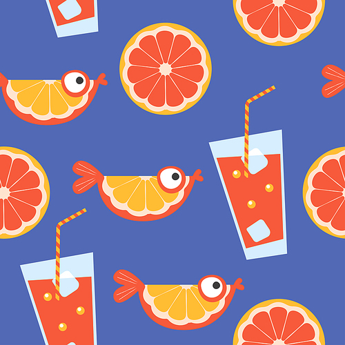 Beautiful colorful vector seamless pattern with slices of orange and grapefruit, a glass of orange juice and a cute orange fish in bright colors.