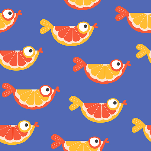 Beautiful colorful vector seamless pattern with orange and grapefruit slices and cute orange fish in bright colors.