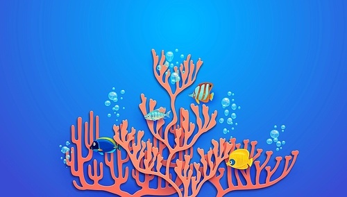 Sea paper cut corals and tropical fish on blue ocean water vector background. Cartoon copperband butterflyfish, blue and yellow tang fish swimming with bubbles near 3d papercut layered branch corals