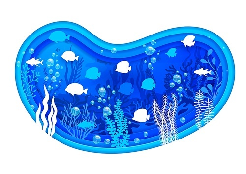 Blue sea paper cut underwater landscape, water bubbles, seaweeds and fish shoals. Vector 3d frame with borders of wavy papercut layers, white silhouettes of tropical fish, ocean reef corals and algae